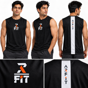 AR FIT men’s sleeveless gym jersey in black, showing front, angled and back views with logo close-ups