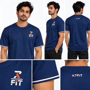 AR FIT men’s short sleeve gym jersey in navy blue with white-and-orange logos and white sleeve stripes